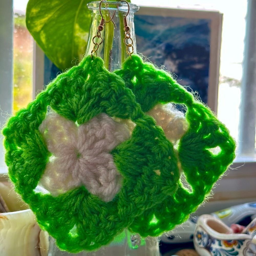 Huge Green GRANNY SQUARE Earrings